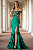 Sparkly Green Mermaid Off the Shoulder Applique Mother of the Bride Dress with Slit