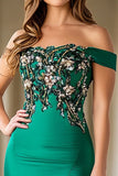 Sparkly Green Mermaid Off the Shoulder Applique Mother of the Bride Dress with Slit