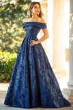 Navy A-Line Off the Shoulder Ruched Jacquard Long Mother of the Bride Dress