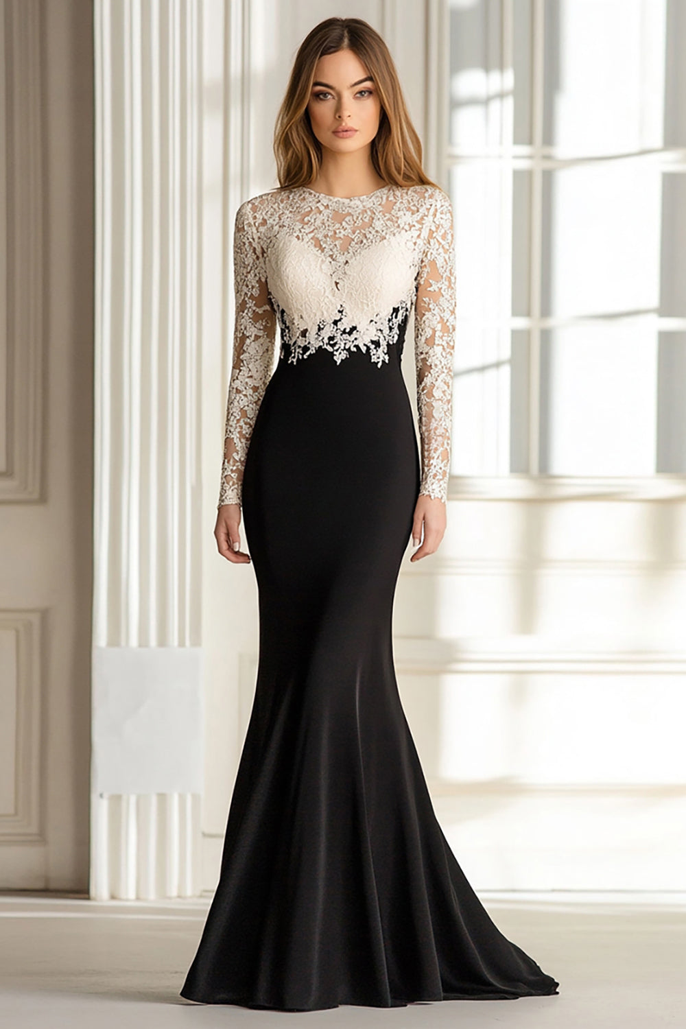 ZAPAKA Women Black White Long Mother of the Bride Dress Mermaid Lace Top Long Sleeves Satin Wedding Guest Dress – Zapaka CA