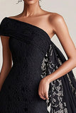 One Shoulder Sheath Black Mother of the Bride Dress with Lace Cape