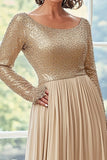 Golden A Line Chiffon Pleated Mother of the Bride Dress with Long Sleeves