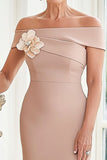 Off the Shoulder Satin Blush Mother of the Bride Dress with 3D Flower