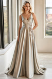 Satin V Neck Light Grey Mother of the Bride Dress with Appliques