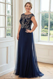 Navy Sheath Boat Neck Lace Appliqued Long Mother Of The Bride Dress