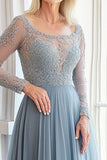 A Line Grey Blue Boat Neck Long Sleeves Appliqued Mother of the Bride Dress