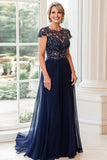 Scoop Neck A Line Navy Cap Sleeves Mother of the Bride Dress with Appliques