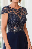 Scoop Neck A Line Navy Cap Sleeves Mother of the Bride Dress with Appliques