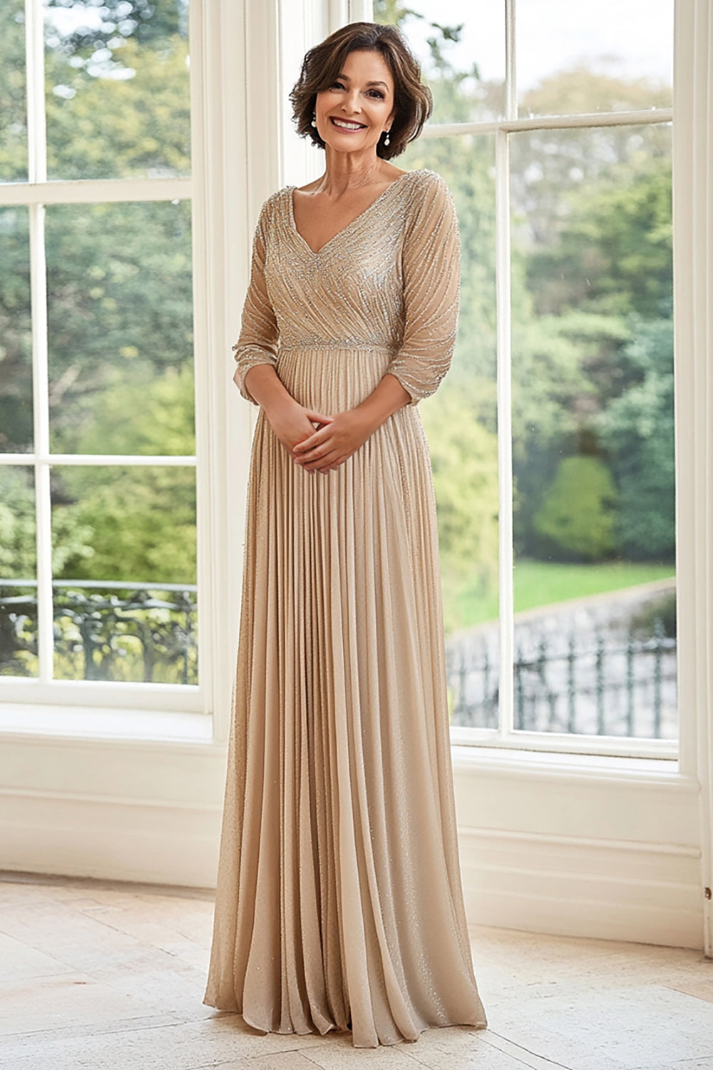ZAPAKA Women Elegant Champagne Mother of the Bride Dress Long Sleeves A Line V Neck Pleated Wedding Guest Dress Zapaka CA ZAPAKA Women Elegant Champagne Mother of the Bride Dress Long Sleeves A Line V Neck Pleated Wedding Guest Dress Zapaka CA