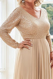 Champagne A Line V Neck Pleated Long Sleeves Mother of the Bride Dress