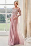 Elegant Blush Boat Neck Applique Sheath Long Mother of the Bride Dress with Long Sleeves