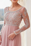 Elegant Blush Boat Neck Applique Sheath Long Mother of the Bride Dress with Long Sleeves