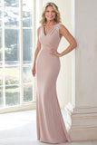 Elegant Taupe V-neck Applique Sheath Matte Satin Long Mother of the Bride Dress