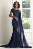 Elegant Navy One Shoulder Mermaid Applique Chiffon Long Mother of the Bride Dress with Cape