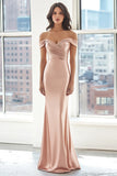 Elegant Blush Off the Shoulder Sheath Stretch Satin Ruched Long Formal Dress