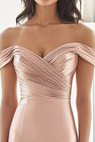 Elegant Blush Off the Shoulder Sheath Stretch Satin Ruched Long Formal Dress