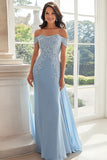 Elegant Sky Blue Off the Shoulder Chiffon Sheath Long Mother of the Bride Dress with Lace Appliques