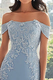 Elegant Sky Blue Off the Shoulder Chiffon Sheath Long Mother of the Bride Dress with Lace Appliques