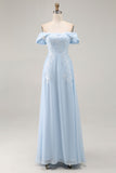 Elegant Sky Blue Off the Shoulder Chiffon Sheath Long Mother of the Bride Dress with Lace Appliques