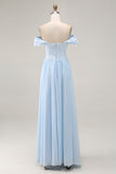 Elegant Sky Blue Off the Shoulder Chiffon Sheath Long Mother of the Bride Dress with Lace Appliques