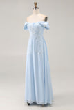 Elegant Sky Blue Off the Shoulder Chiffon Sheath Long Mother of the Bride Dress with Lace Appliques