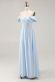 Elegant Sky Blue Sheath Off the Shoulder Chiffon Long Mother of the Bride with Appliques