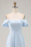 Elegant Sky Blue Off the Shoulder Chiffon Sheath Long Mother of the Bride Dress with Lace Appliques
