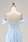 Elegant Sky Blue Off the Shoulder Chiffon Sheath Long Mother of the Bride Dress with Lace Appliques