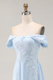 Elegant Sky Blue Off the Shoulder Chiffon Sheath Long Mother of the Bride Dress with Lace Appliques