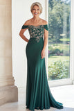 Elegant Dark Green Off the Shoulder Sheath Chiffon Long Mother of the Bride with Embroidery