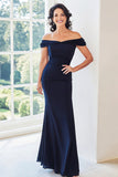 Navy Off The Shoulder Chiffon Sheath Mother of the Bride Dress