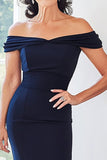 Navy Off The Shoulder Chiffon Sheath Mother of the Bride Dress