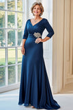 Navy V-Neck Satin Embroidered Ruched Mother of the Bride Dress