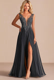 Charcoal A Line V-Neck Lace Long Mother of the Bride Dress with Appliques