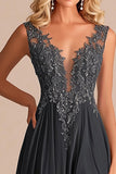 Charcoal A Line V-Neck Lace Applique Mother of the Bride Dress