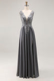 Charcoal A Line V-Neck Lace Long Mother of the Bride Dress with Appliques