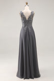 Charcoal A Line V-Neck Lace Applique Mother of the Bride Dress