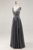 Charcoal A Line V-Neck Lace Applique Mother of the Bride Dress