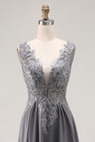 Charcoal A Line V-Neck Lace Applique Mother of the Bride Dress