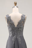 Charcoal A Line V-Neck Lace Applique Mother of the Bride Dress