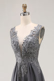 Charcoal A Line V-Neck Lace Long Mother of the Bride Dress with Appliques