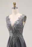 Charcoal A Line V-Neck Lace Applique Mother of the Bride Dress