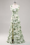 Green Flower A Line Square Neck Ruffled Long Bridesmaid Dress with Slit