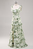 Green Flower A Line Square Neck Ruffled Long Bridesmaid Dress with Slit