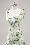 Green Flower A Line Square Neck Ruffled Long Bridesmaid Dress with Slit
