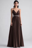 Simple Coffee Spaghetti Straps Slim Beaded Formal Dress