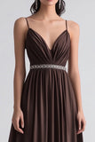 Simple Coffee Spaghetti Straps Slim Beaded Formal Dress