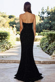 Sexy Black Sweetheart A Line Sequin Long Prom Dress with Slit