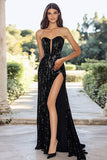 Sexy Black Sweetheart A Line Sequin Long Prom Dress with Slit