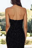 Sexy Black Sweetheart A Line Sequin Long Prom Dress with Slit